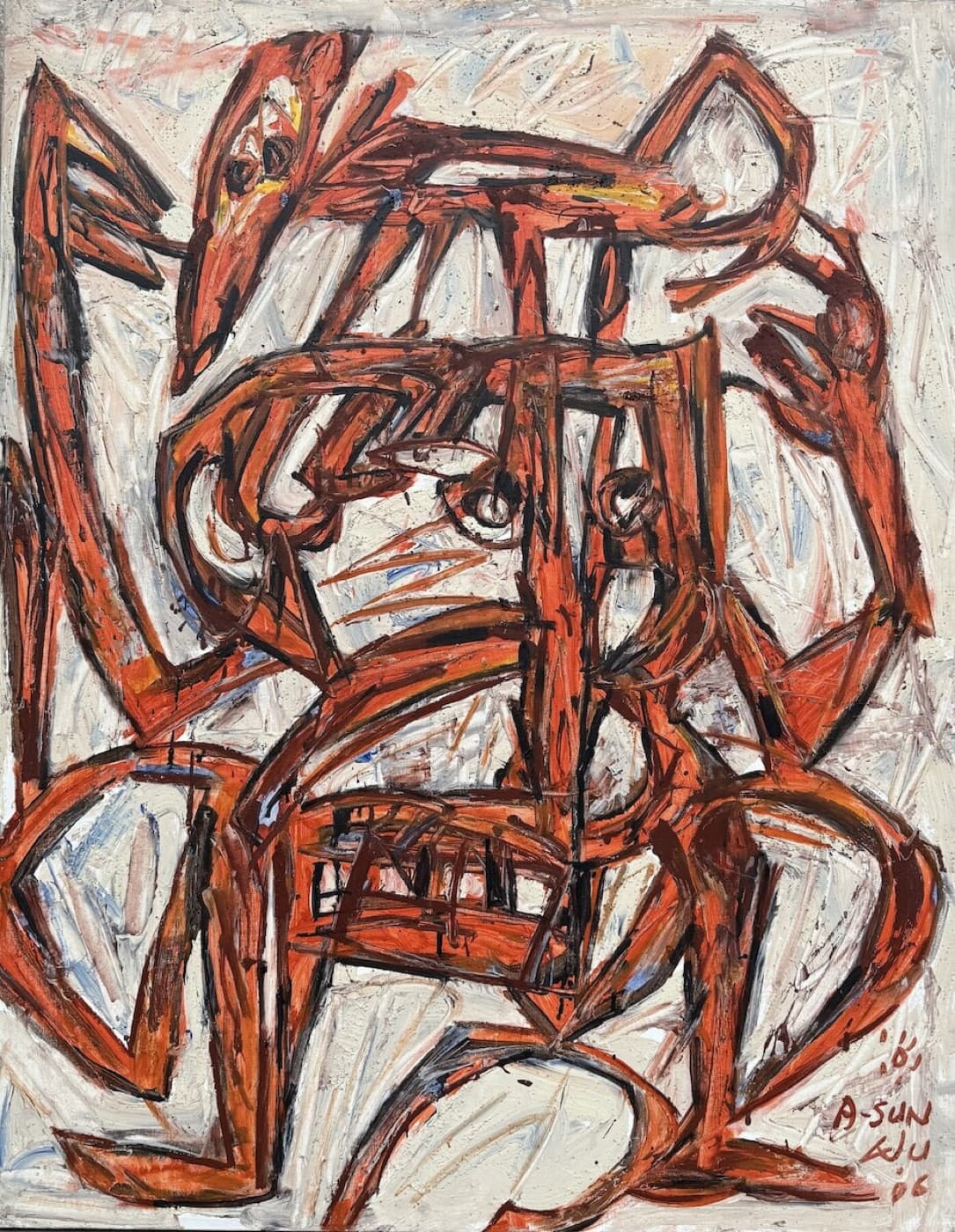 Toile tribale d'A-Sun Wu, figures cernées de noir